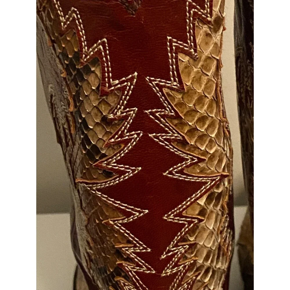 CORDONES Men's Cowboy Boots Size 9.5 Genuine SNAKE SKIN Red Brown Leather SPAIN